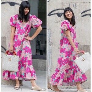 The Odells x Oh Joy Julia Maxi Dress Pink Floral Hibiscus Puff Sleeves L Resort